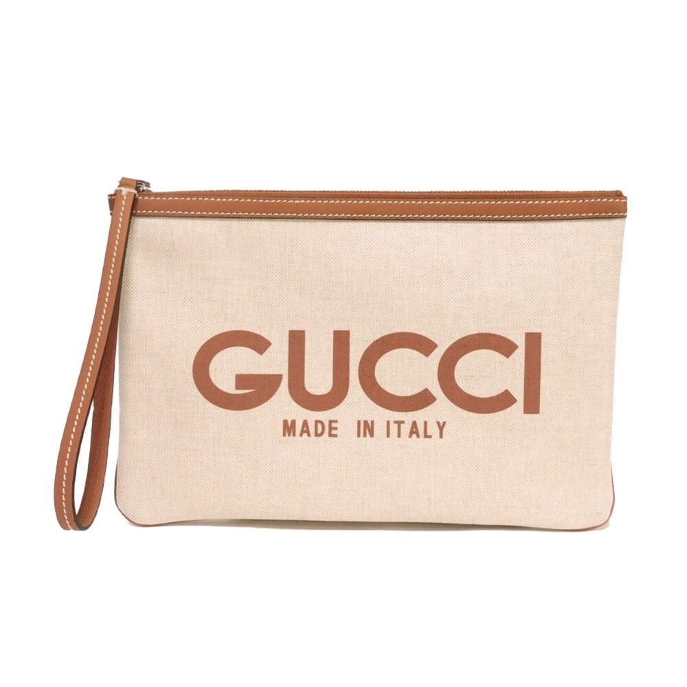 Gucci GUCCI Clutch Bag Logo Print Pouch Canvas Brown GG Supreme Cotton Linen ...